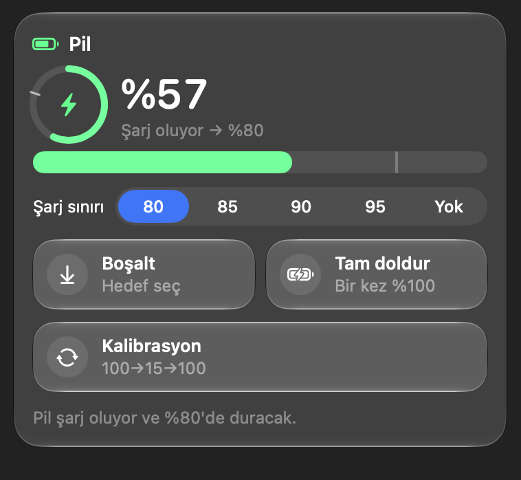 Pil kartı: %80 şarj, şarj sınırı seçimi, boşalt, tam doldur ve kalibrasyon