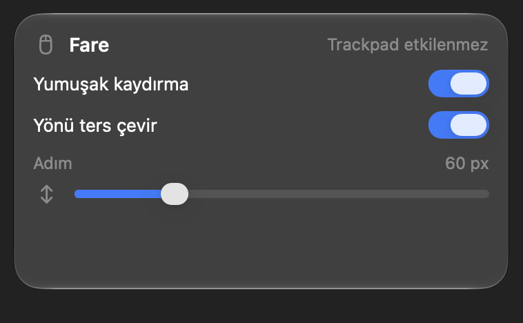 Fare kartı: yumuşak kaydırma, yönü ters çevir ve adım ayarı