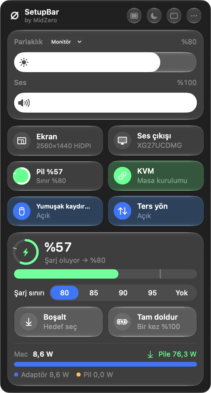 SetupBar menü çubuğu paneli: parlaklık ve ses kaydırıcıları, ekran, ses çıkışı, pil, KVM ve fare kısayolları, %80 şarj sınırı